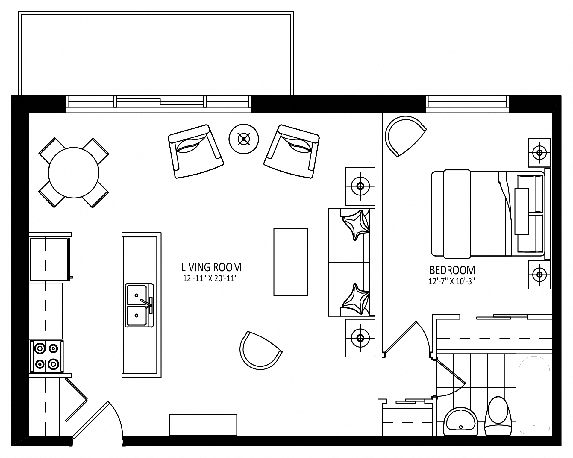 Floor plan for 1 bed, 1 bath, 687 sqft